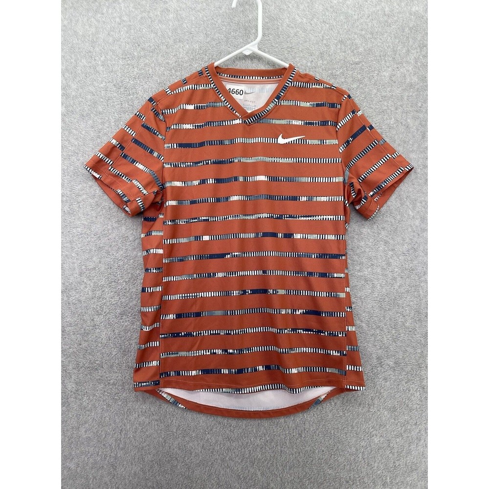 Nike Women's Athletic Top V Neck Short Sleeve Striped Size Medium Burnt Orange